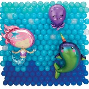 Air-Filled Underwater Mermaid, Narwhal & Octopus Foil & Latex Balloon Backdrop